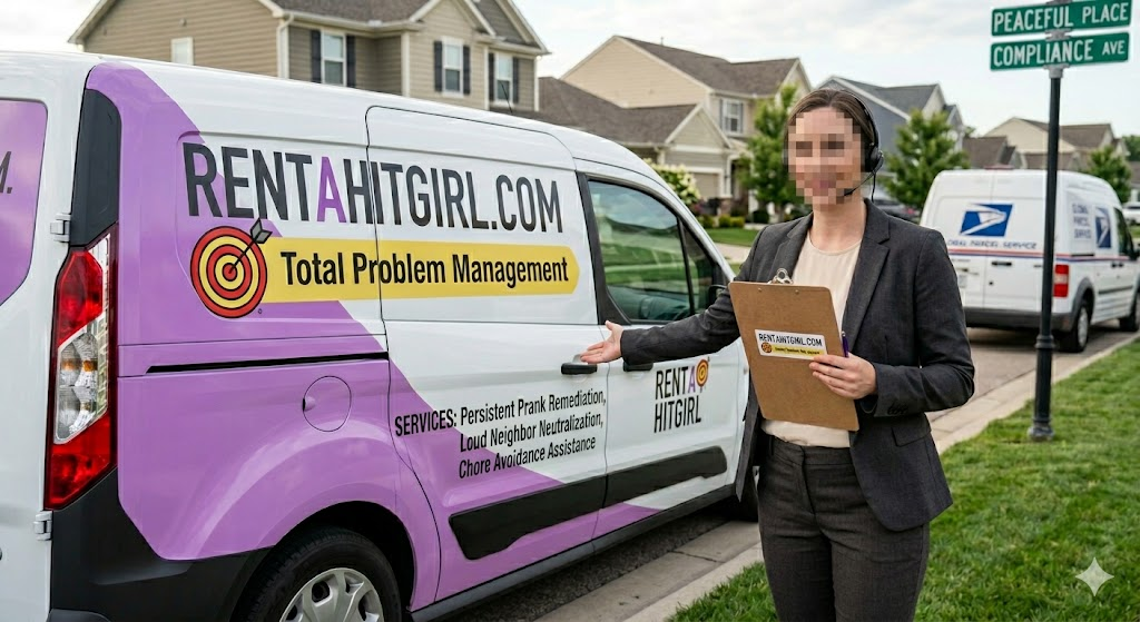 A RentAHitGirl.com van parked in a suburban neighborhood with a representative presenting the service.